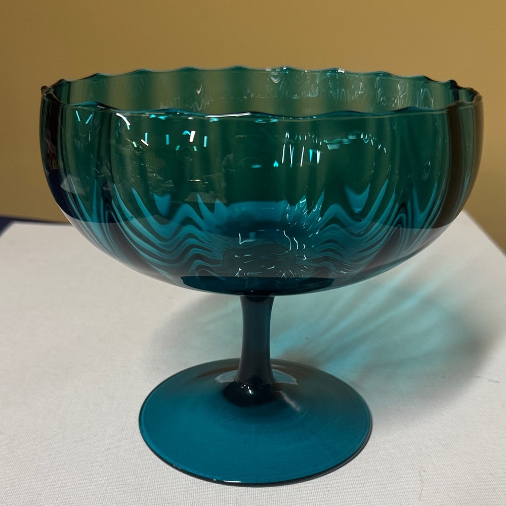 Empoli Italian Art Glass Pedestal Bowl Teal Blue Swirl Compote 6.25” Tall